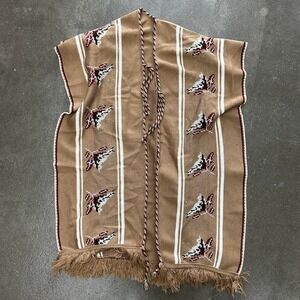 Vintage 1970s Tan Cowboy Print Fringe One Size Cardigan Poncho